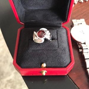 White gold 14K and garnet custom made ring Sz 7